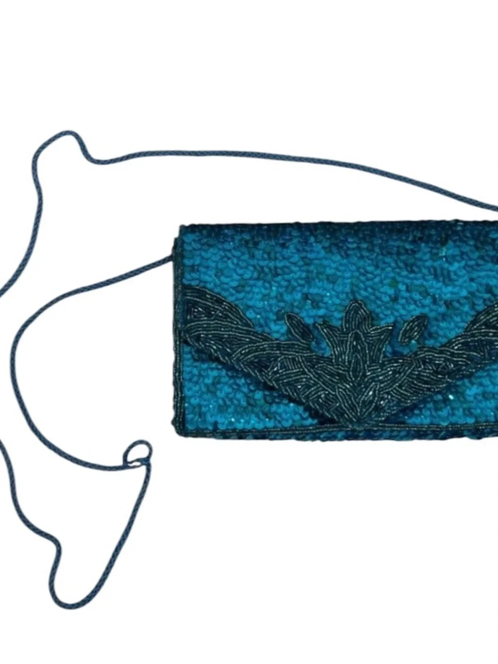 Vintage Teal Blue Sequin Beaded Envelope Clutch Crossbody Bag Floral Beadwork